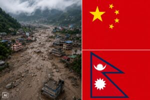 Montagem editorial gerada por IA mostra cenário de destruição após catástrofe no Himalaia, com bandeiras da China e do Nepal à direita.