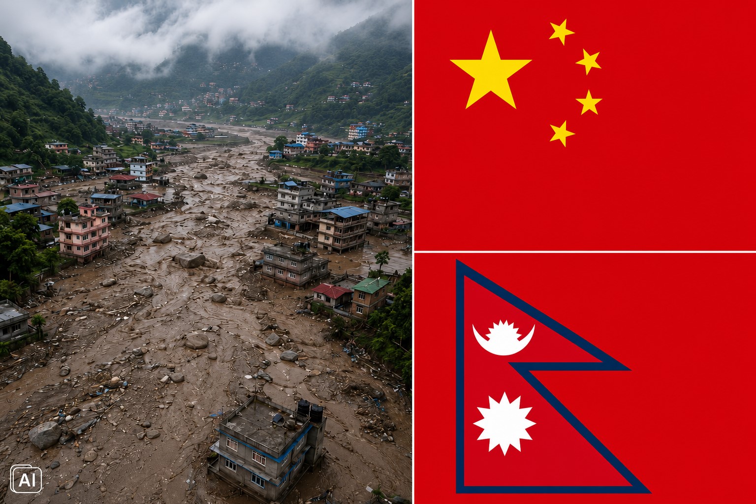 Montagem editorial gerada por IA mostra cenário de destruição após catástrofe no Himalaia, com bandeiras da China e do Nepal à direita.