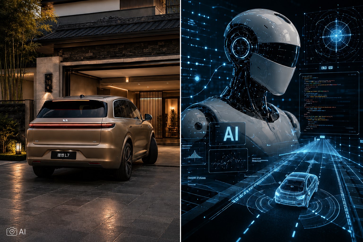 Montagem editorial gerada por IA mostra um SUV chinês diante de uma garagem residencial e, ao lado, uma representação conceitual de inteligência artificial aplicada à condução e ao estacionamento automatizado.