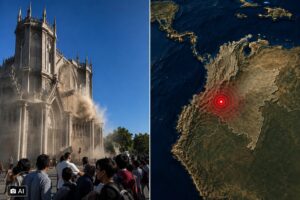 Montagem editorial gerada por IA mostra a Catedral de Manizales à esquerda e mapa com indicação da área do terremoto de magnitude 7,4 à direita.