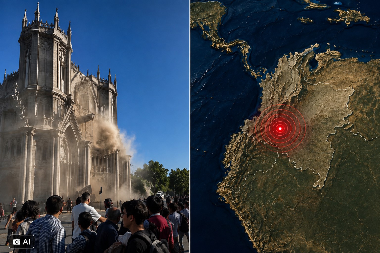 Montagem editorial gerada por IA mostra a Catedral de Manizales à esquerda e mapa com indicação da área do terremoto de magnitude 7,4 à direita.