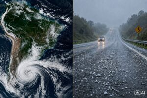 Montagem editorial mista mostra, à esquerda, uma representação computadorizada da formação de um ciclone nos arredores do Sul do Brasil e, à direita, uma cena fotorrealista de um carro em uma estrada sob granizo.