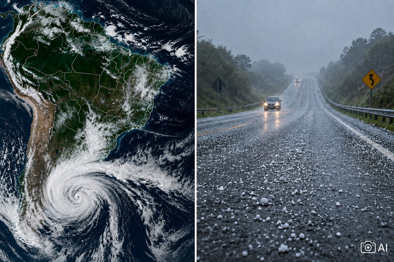 Montagem editorial mista mostra, à esquerda, uma representação computadorizada da formação de um ciclone nos arredores do Sul do Brasil e, à direita, uma cena fotorrealista de um carro em uma estrada sob granizo.