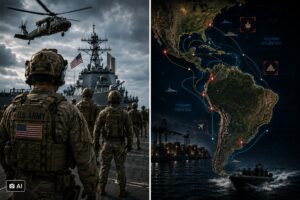 Montagem editorial gerada por IA mostra cena militar à esquerda e mapa estratégico da América Latina e Caribe à direita.