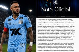 Montagem editorial mostra, à esquerda, representação de Neymar gerada por IA com uniforme do Santos e, à direita, trecho de nota oficial divulgada pelo Clube do Remo.