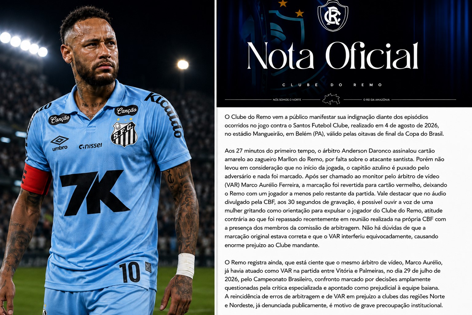 Montagem editorial mostra, à esquerda, representação de Neymar gerada por IA com uniforme do Santos e, à direita, trecho de nota oficial divulgada pelo Clube do Remo.