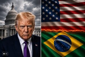 Montagem editorial gerada por IA mostra Donald Trump diante do Capitólio dos EUA e, à direita, as bandeiras dos Estados Unidos e do Brasil separadas por uma linha incandescente