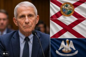 Montagem gerada por IA com Anthony Fauci à esquerda e as bandeiras de Flórida, Alabama e Louisiana à direita.