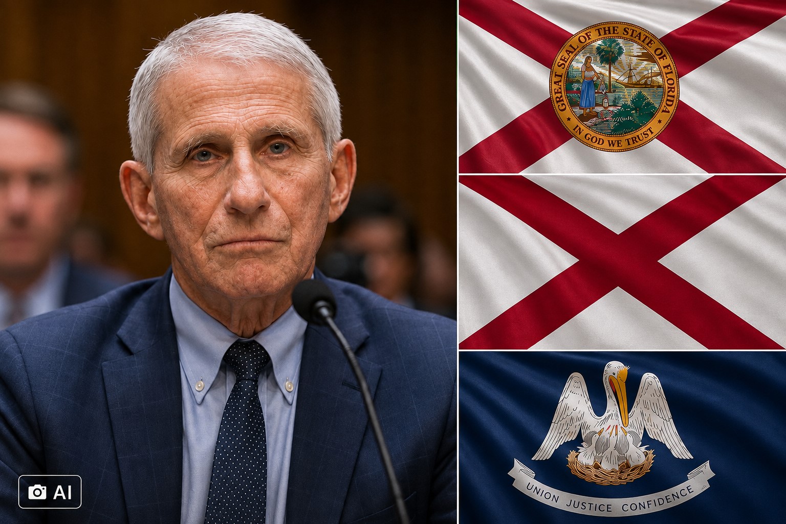 Montagem gerada por IA com Anthony Fauci à esquerda e as bandeiras de Flórida, Alabama e Louisiana à direita.