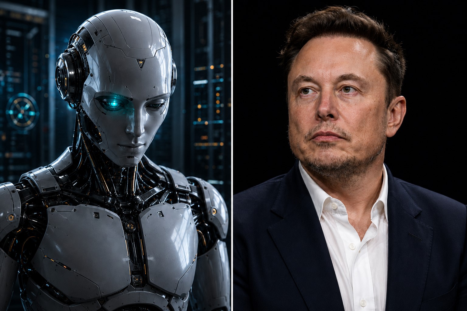 Montagem editorial gerada por IA com representação fotorrealística de Elon Musk à direita e robô humanoide à esquerda