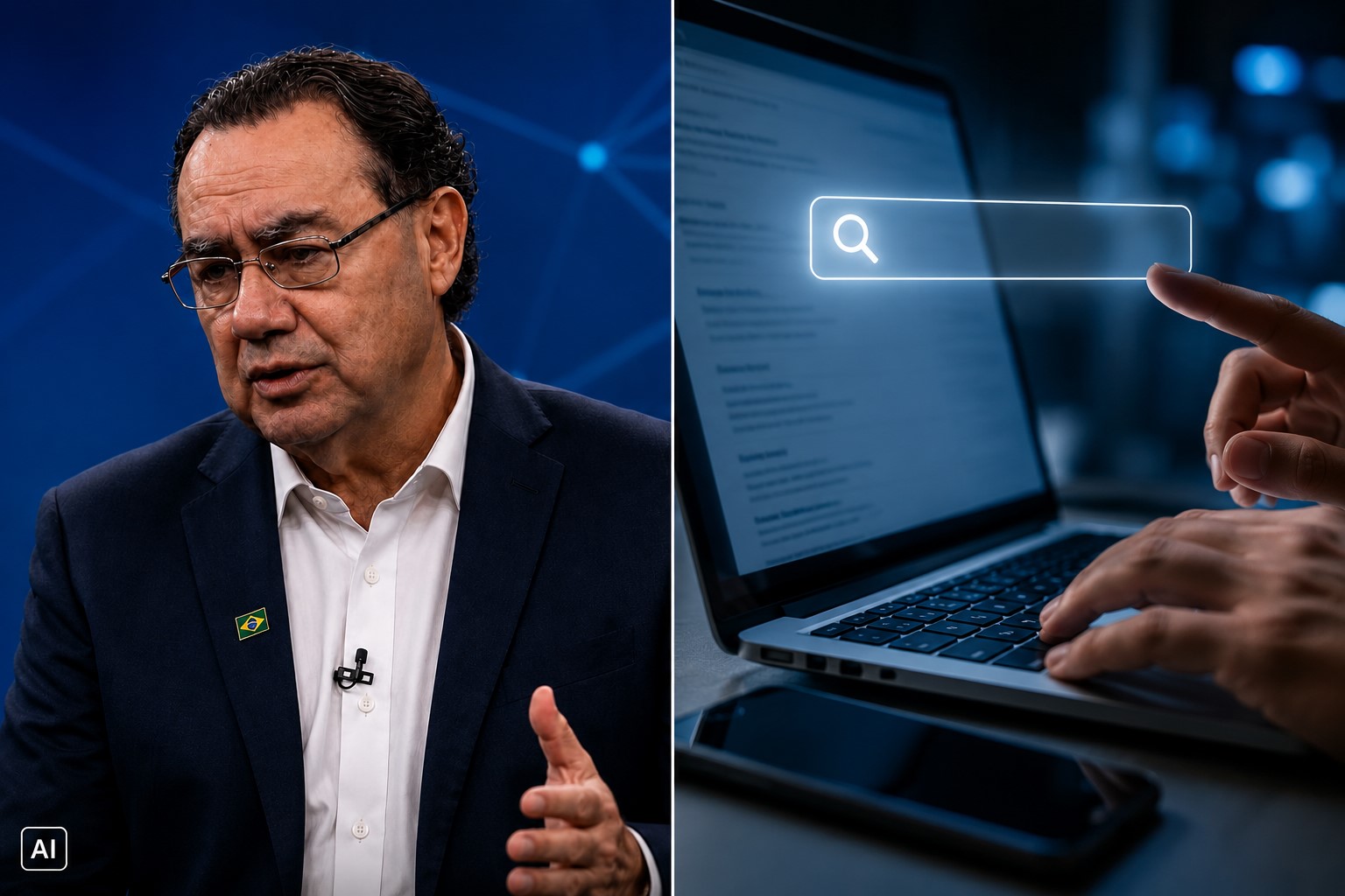 Montagem editorial gerada por IA mostra Augusto Cury em cenário de debate ao lado de imagem conceitual de busca na internet