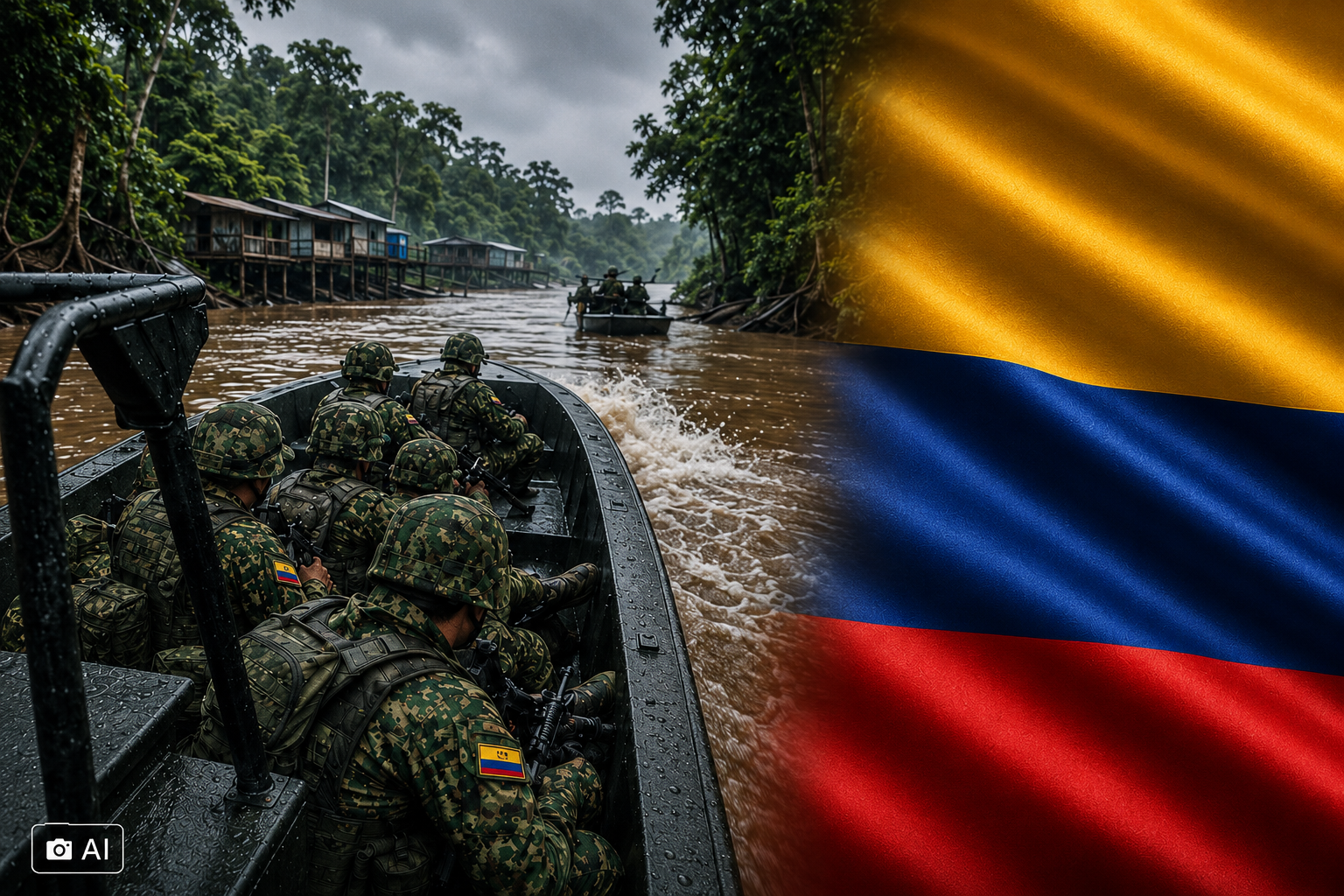 Montagem editorial gerada por IA representa ação militar na Colômbia à esquerda e trecho da bandeira colombiana à direita.