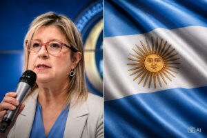 Montagem editorial gerada por IA com Alejandra Monteoliva, ministra da Segurança da Argentina, à esquerda, e a bandeira argentina à direita.