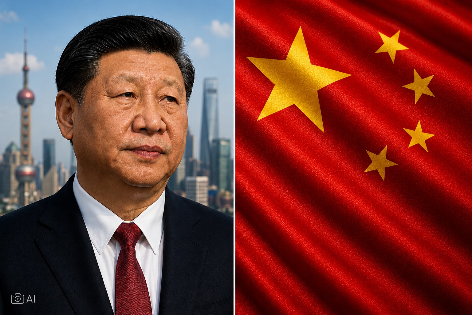 Montagem editorial gerada por IA mostra Xi Jinping diante de um cenário urbano chinês e, ao lado, um trecho da bandeira da China, em alusão a notícia sobre a aplicação de penas máximas em casos extremos de abuso sexual contra crianças.