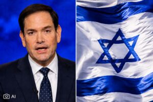Montagem gerada por IA com Marco Rubio à esquerda e a bandeira de Israel à direita.