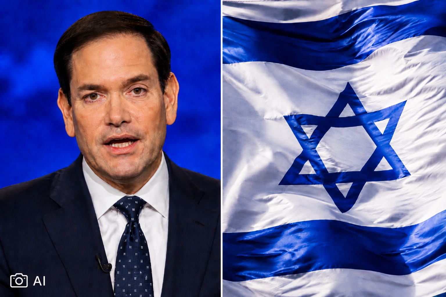Montagem gerada por IA com Marco Rubio à esquerda e a bandeira de Israel à direita.