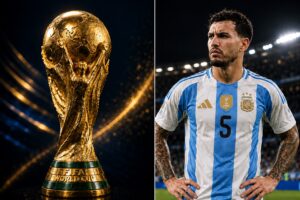 Montagem editorial realista gerada por IA com a taça da Copa do Mundo de 2026 à esquerda e Leandro Paredes, da Argentina, à direita.