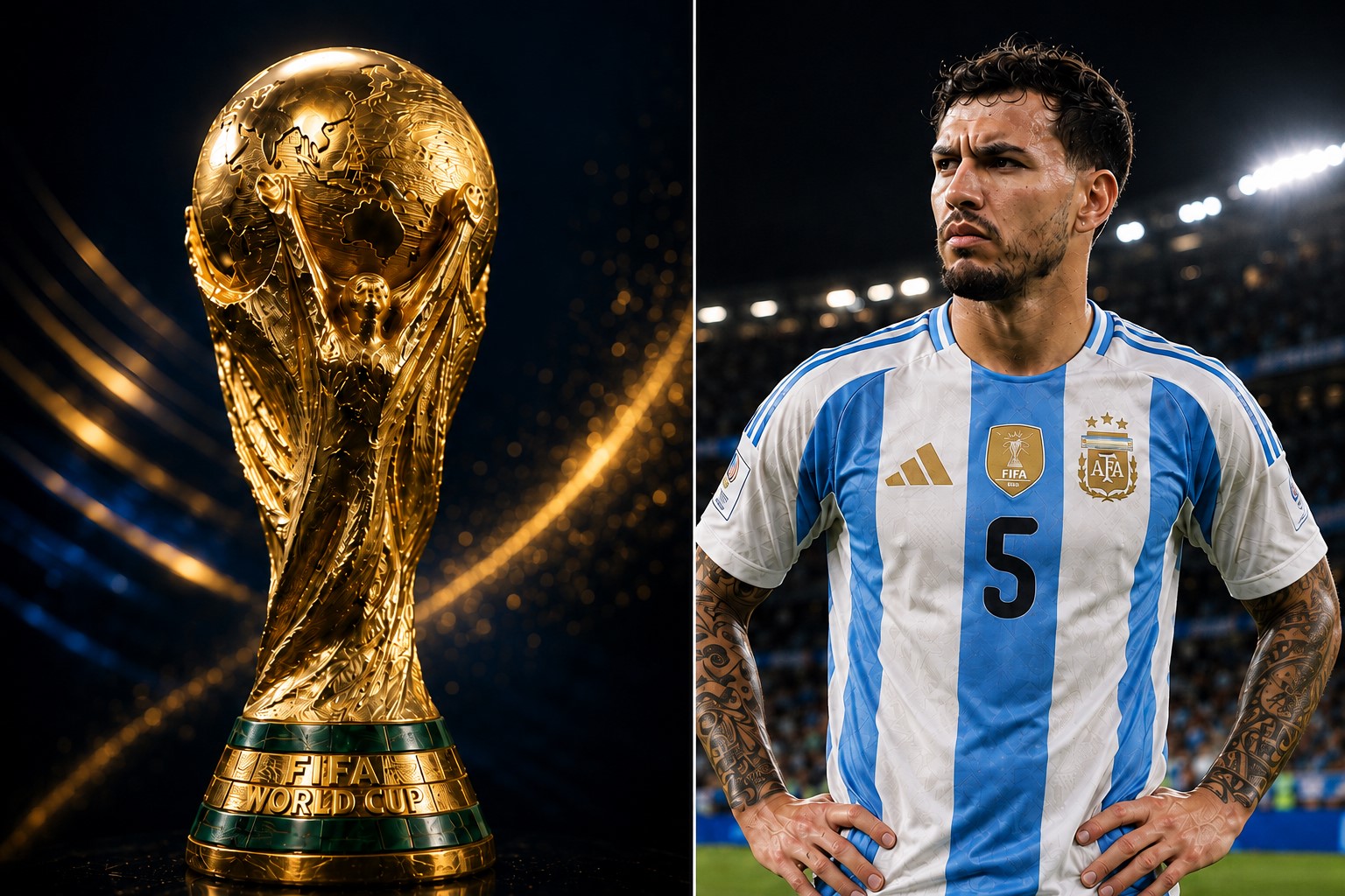 Montagem editorial realista gerada por IA com a taça da Copa do Mundo de 2026 à esquerda e Leandro Paredes, da Argentina, à direita.