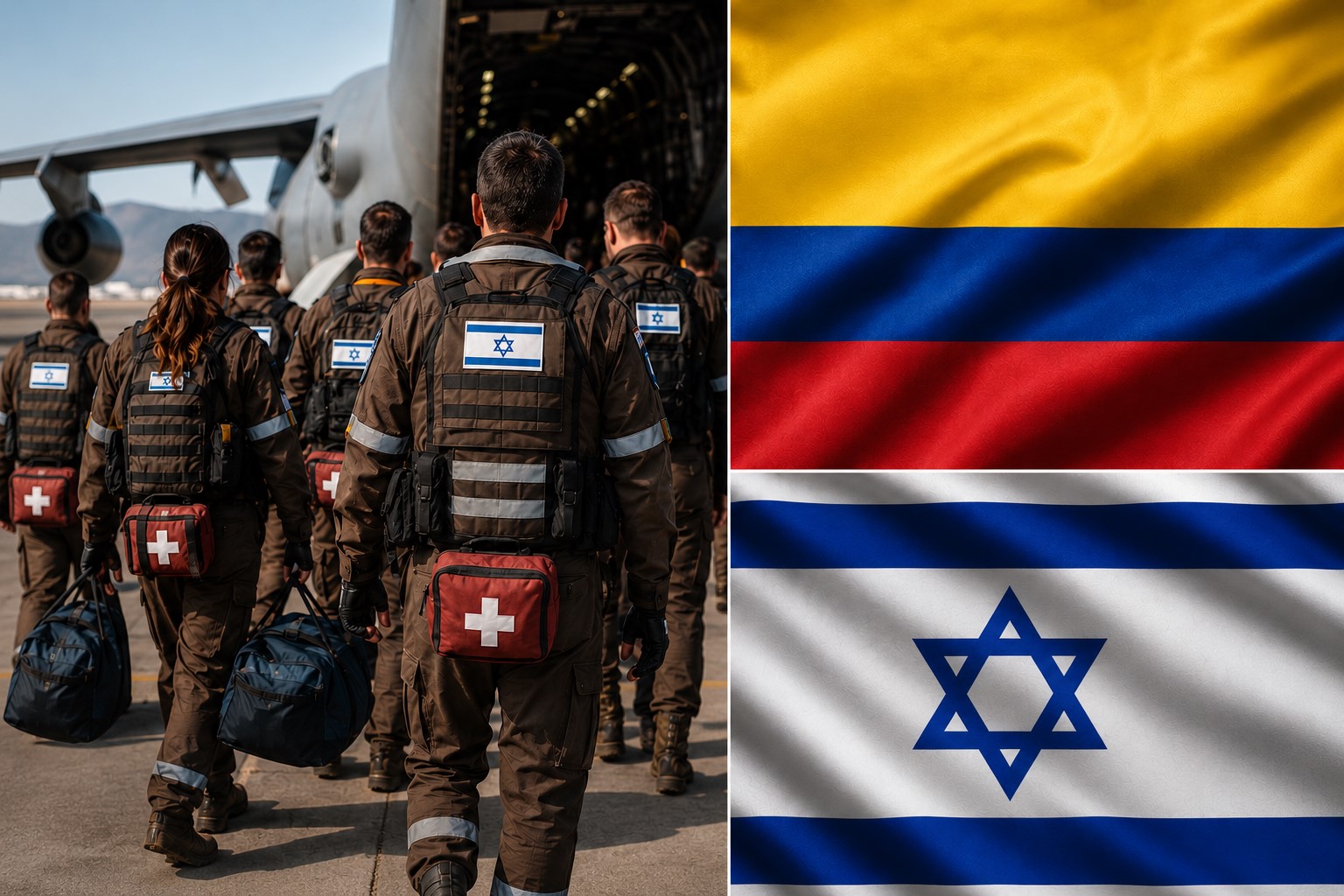 Delegação humanitária israelense representada ao lado das bandeiras da Colômbia e de Israel.