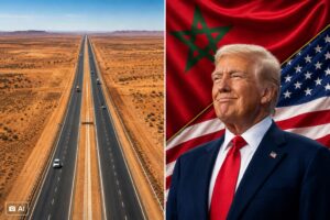 Montagem gerada por IA mostra rodovia no Saara Ocidental à esquerda e Donald Trump diante das bandeiras do Marrocos e dos EUA à direita.