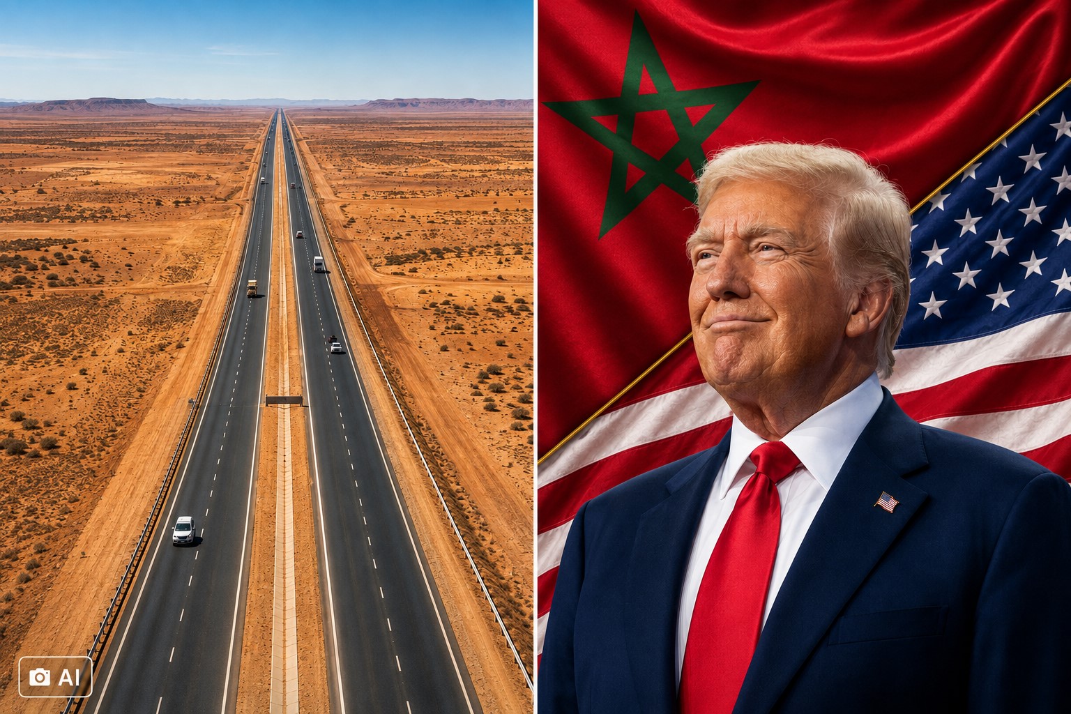 Montagem gerada por IA mostra rodovia no Saara Ocidental à esquerda e Donald Trump diante das bandeiras do Marrocos e dos EUA à direita.