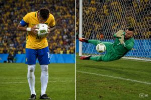 Montagem gerada por IA mostra Neymar beijando a bola e Weverton em ação durante cobrança de pênalti em cenário alusivo à final olímpica de 2016.
