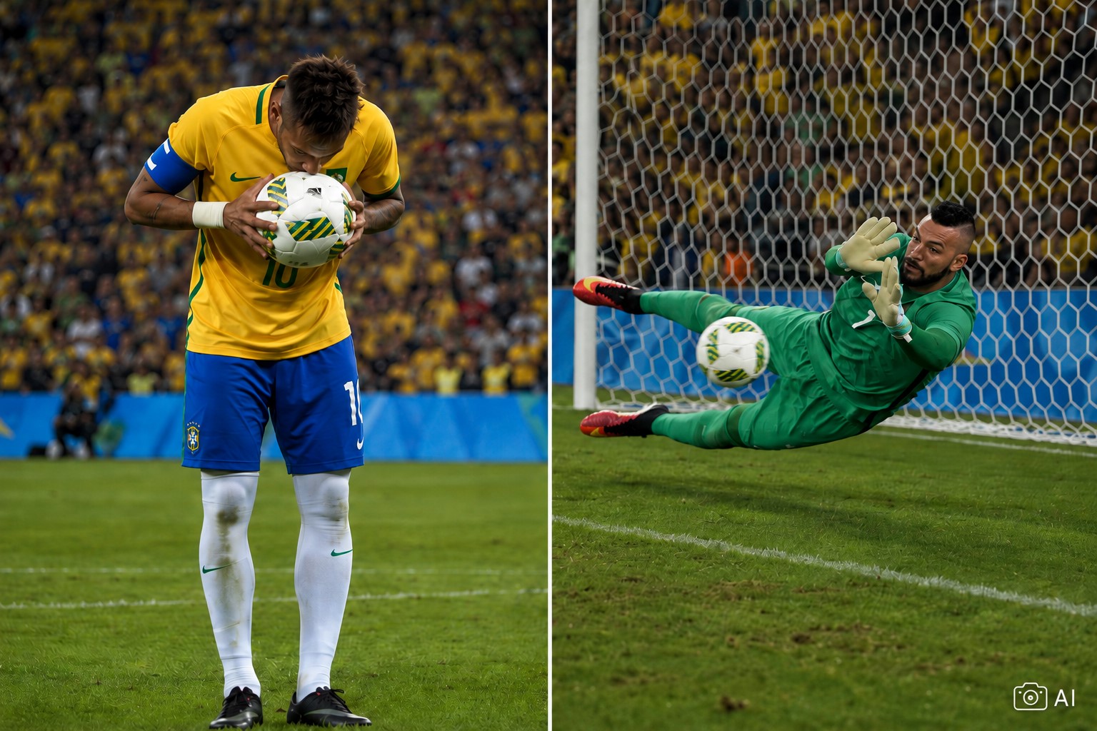 Montagem gerada por IA mostra Neymar beijando a bola e Weverton em ação durante cobrança de pênalti em cenário alusivo à final olímpica de 2016.