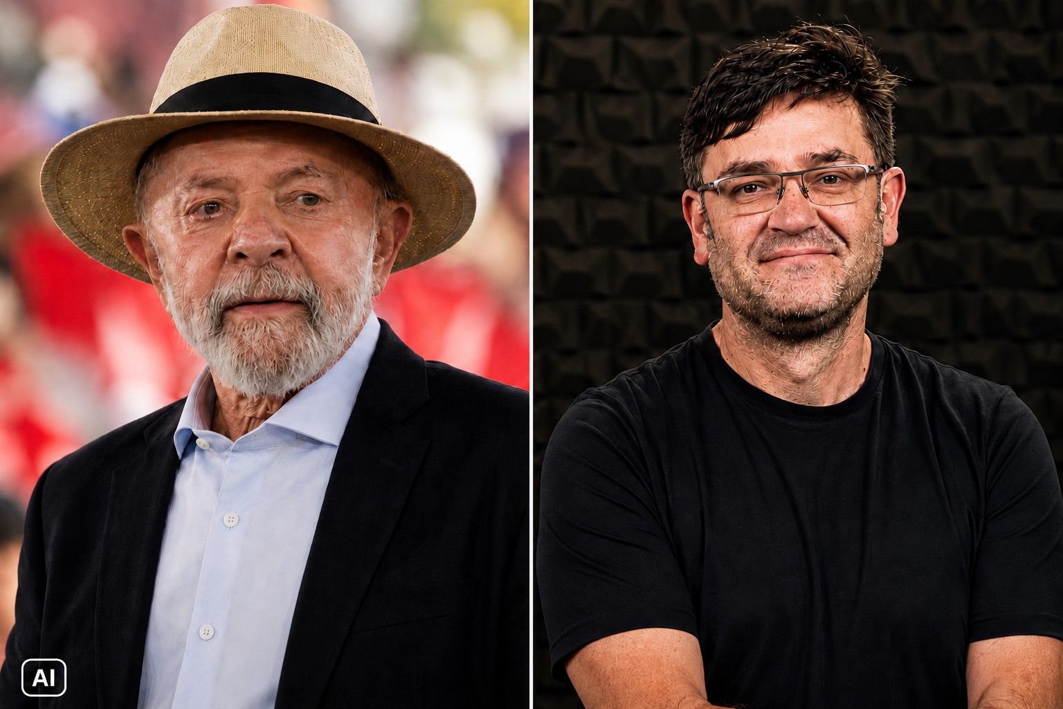 Montagem fotográfica ultrarrealista gerada por IA mostra o presidente Lula à esquerda e o marqueteiro Duda Lima à direita, em composição ilustrativa usada para contextualização jornalística.