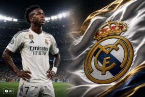 Montagem editorial gerada por IA representa Vini Jr. com o uniforme do Real Madrid à esquerda e, à direita, o emblema do clube espanhol aplicado sobre tecido em movimento.
