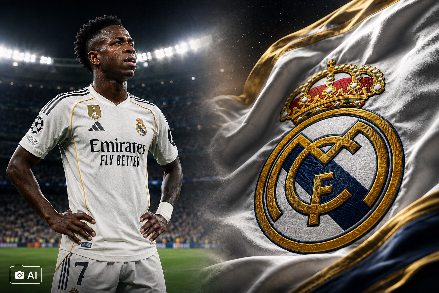 Montagem editorial gerada por IA representa Vini Jr. com o uniforme do Real Madrid à esquerda e, à direita, o emblema do clube espanhol aplicado sobre tecido em movimento.