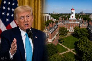 Donald Trump ao lado de representação do campus de Harvard em montagem gerada por IA.