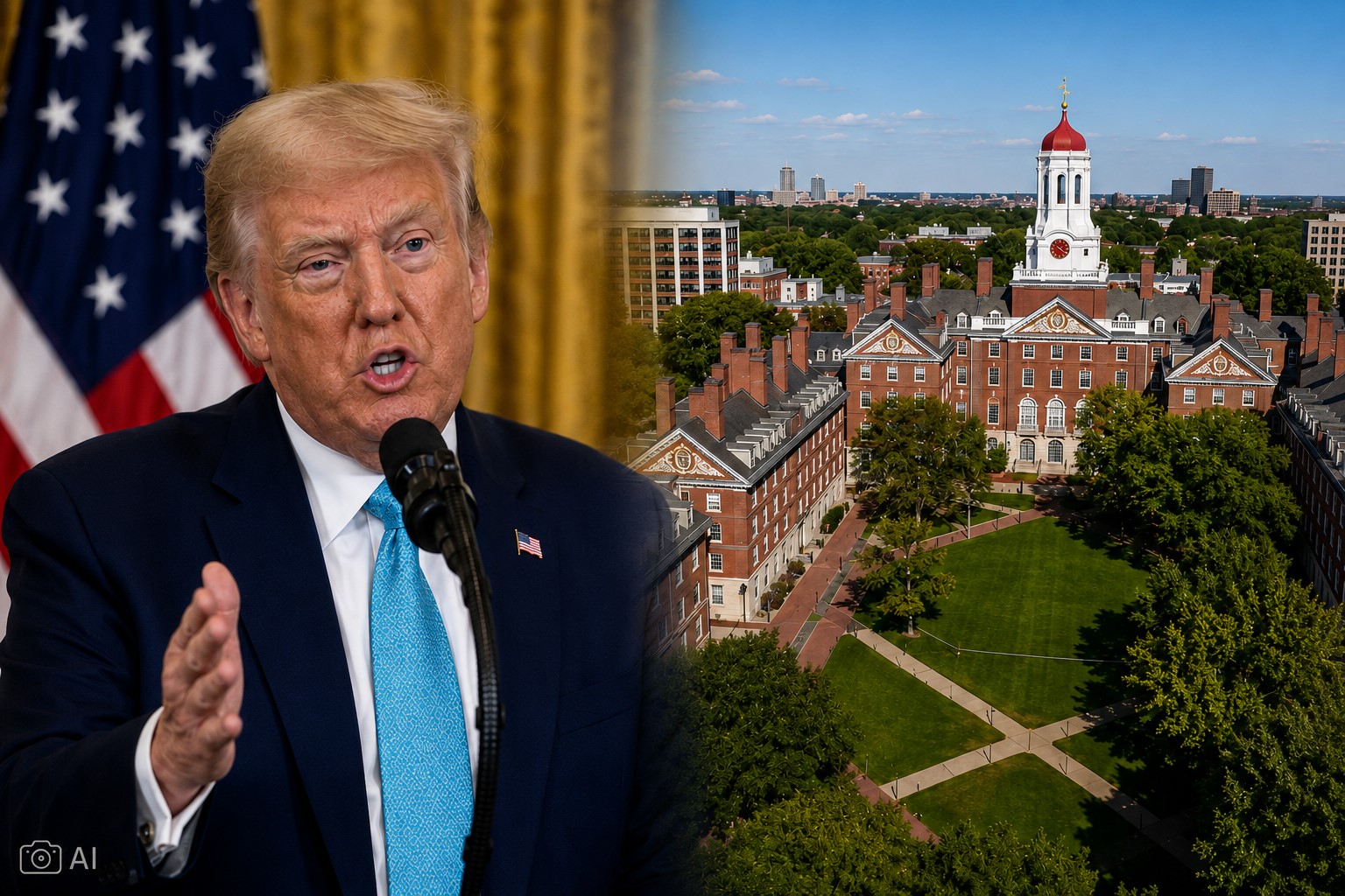 Donald Trump ao lado de representação do campus de Harvard em montagem gerada por IA.