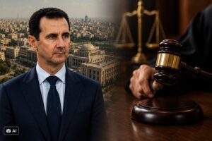 Bashar al-Assad diante de cenário alusivo a Damasco, ao lado de representação simbólica de uma decisão judicial.