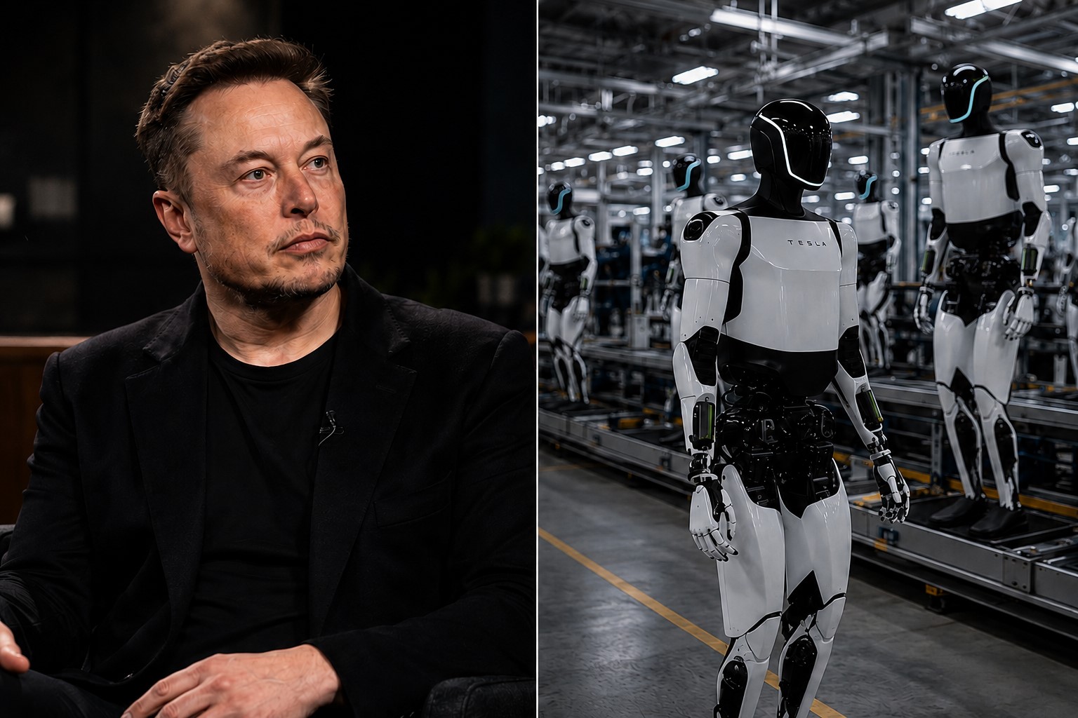 Montagem editorial gerada por IA, em formato split, mostra à esquerda um entrevistado sentado em ambiente escuro de estúdio e, à direita, uma fábrica com robôs humanoides brancos em linha de produção. Há um pequeno rótulo “AI” no canto inferior esquerdo.