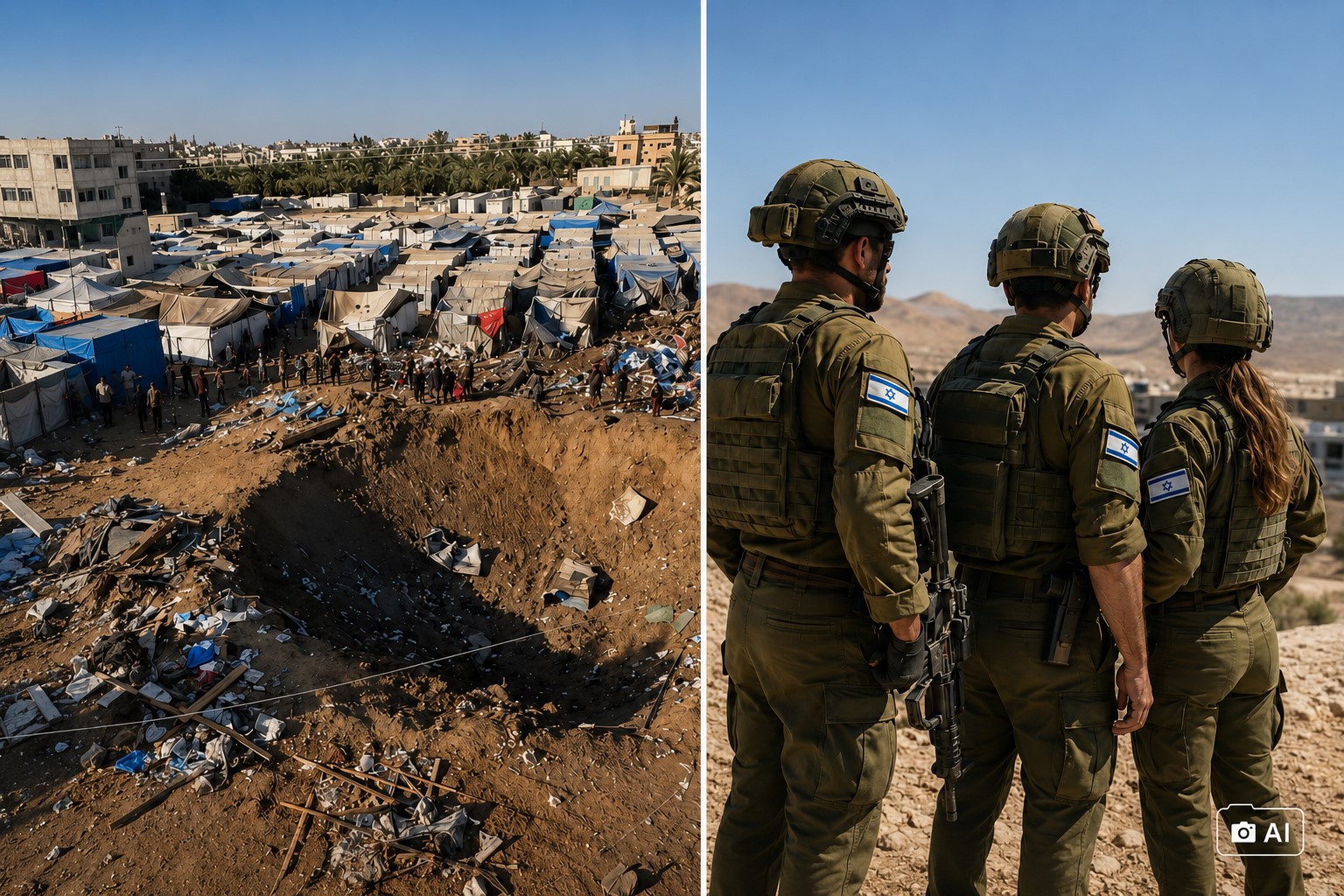 Montagem gerada por IA mostra, à esquerda, área próxima ao Hospital Al-Aqsa inspirada em registro real e, à direita, militares israelenses representados por IA.
