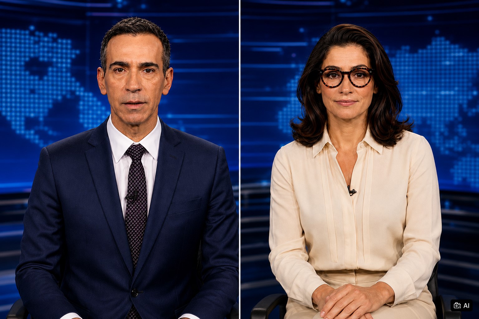 Montagem fotográfica ultrarrealista gerada por IA representa César Tralli e Renata Vasconcellos em composição de estúdio jornalístico, utilizada para contextualizar notícia sobre as sabatinas presidenciais da Globo.