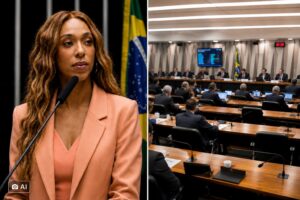 Montagem editorial com Erika Hilton à esquerda e sessão do Conselho de Ética da Câmara dos Deputados à direita.