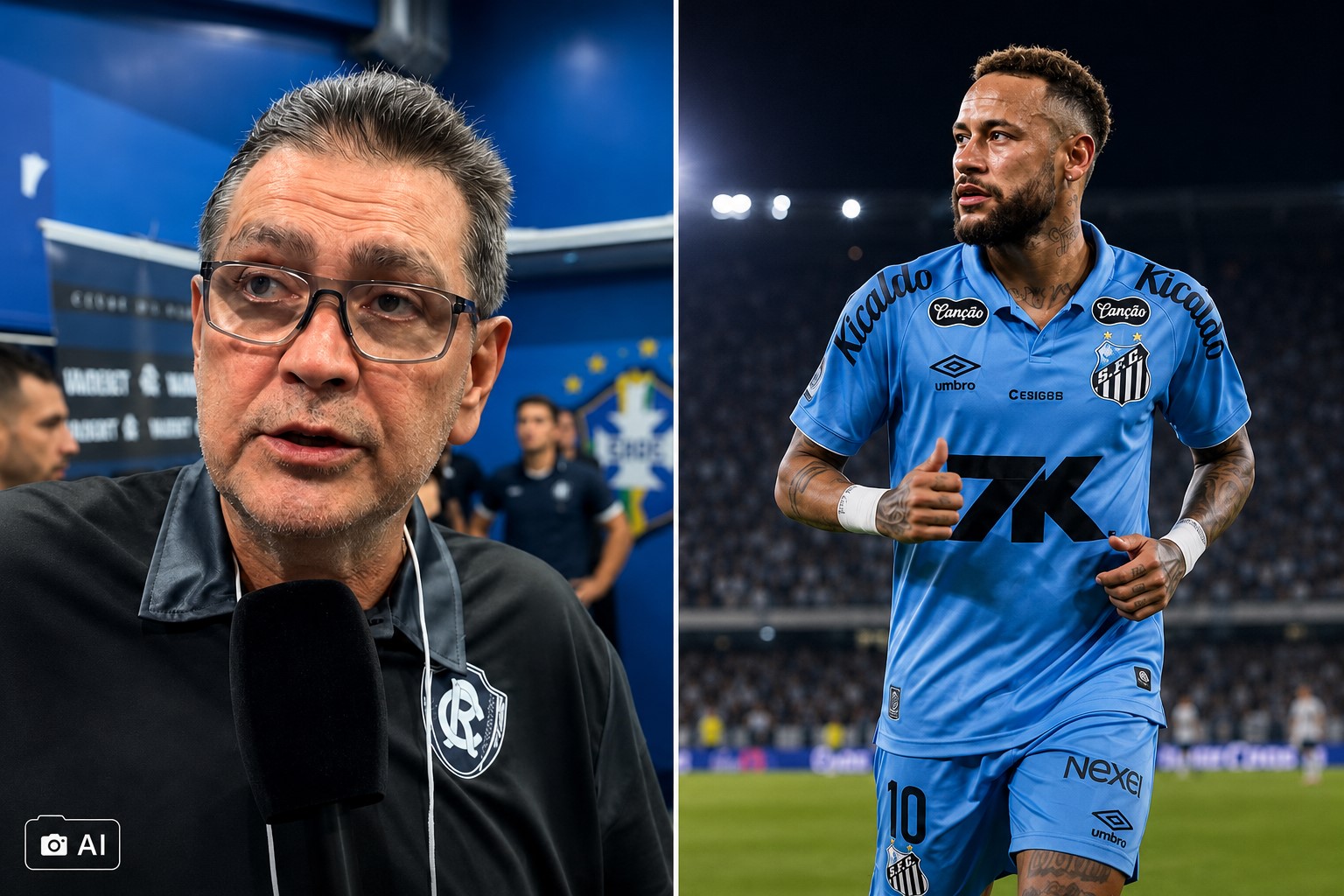 Montagem editorial gerada por IA mostra, à esquerda, o presidente do Remo e, à direita, Neymar, atacante do Santos, em composição sobre o episódio após a partida entre as equipes.