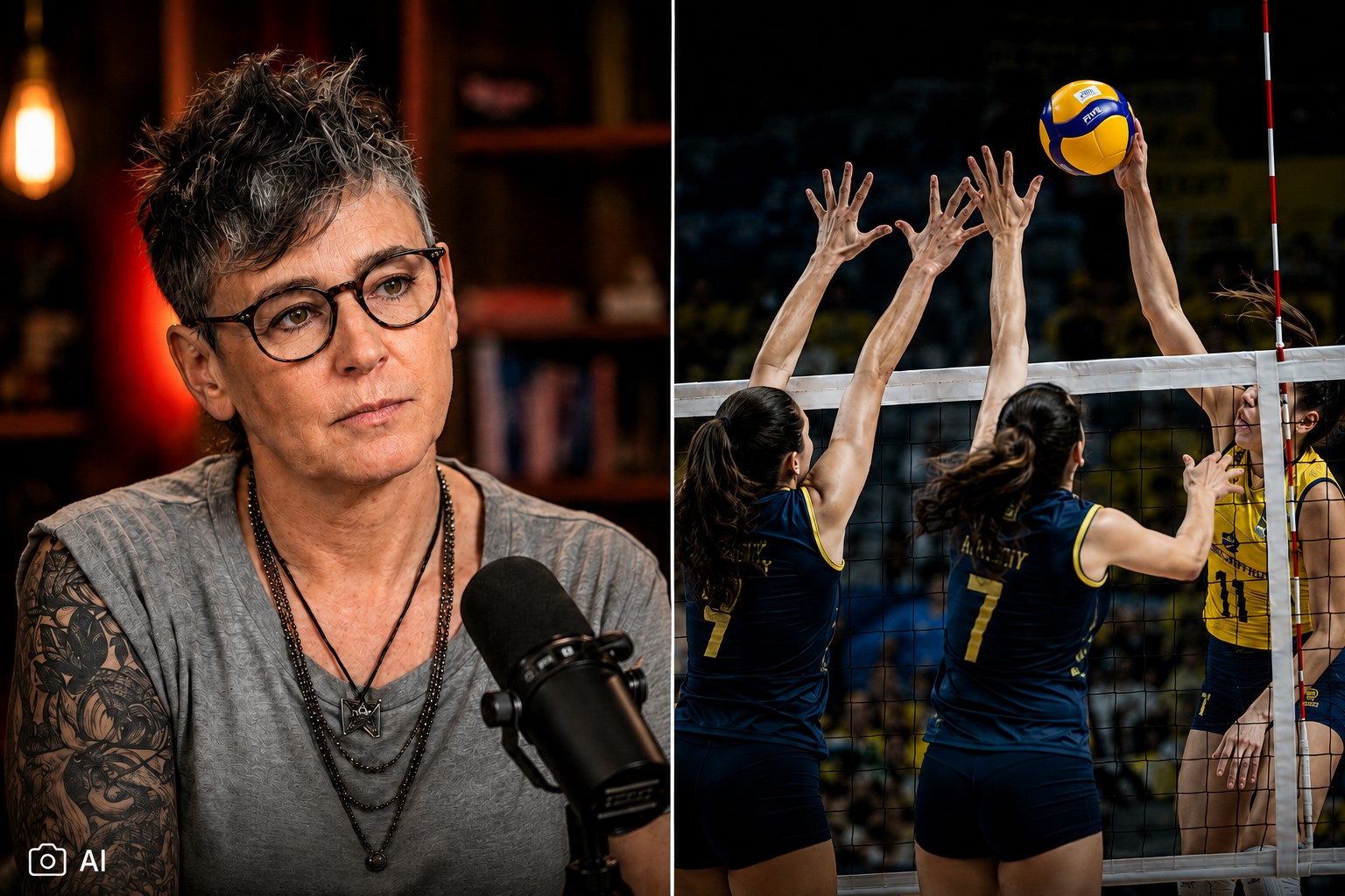 Montagem editorial gerada por IA com representação fotorrealística de Milly Lacombe à esquerda e cena simbólica de uma partida de voleibol à direita.