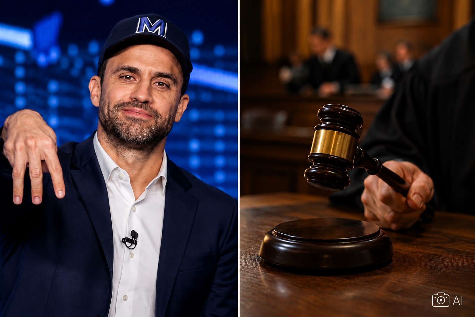 Montagem gerada por IA com representação de Pablo Marçal à esquerda e cena simbólica de decisão judicial à direita.