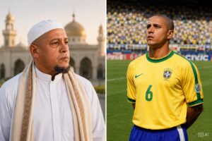 Montagem fotográfica ultrarrealista gerada por IA representando Roberto Carlos em dois momentos: à direita, como jogador da Seleção Brasileira, e à esquerda, em composição alusiva à sua conversão ao Islã.