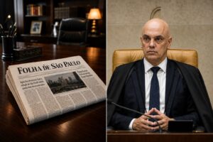 Ilustração gerada por IA mostra jornal impresso sobre mesa de escritório ao lado de representação de Alexandre de Moraes no STF.