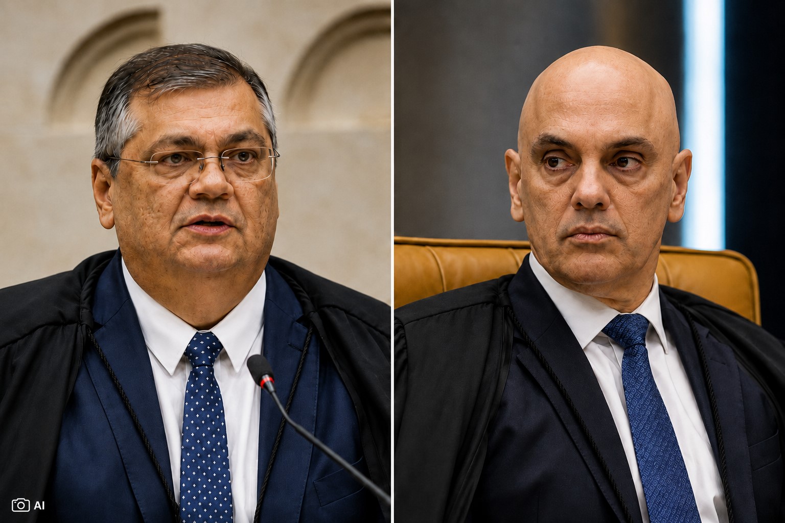 Montagem fotográfica ultrarrealista gerada por IA representando Flávio Dino e Alexandre de Moraes em composição dividida para contextualizar notícia sobre diploma para jornalistas.