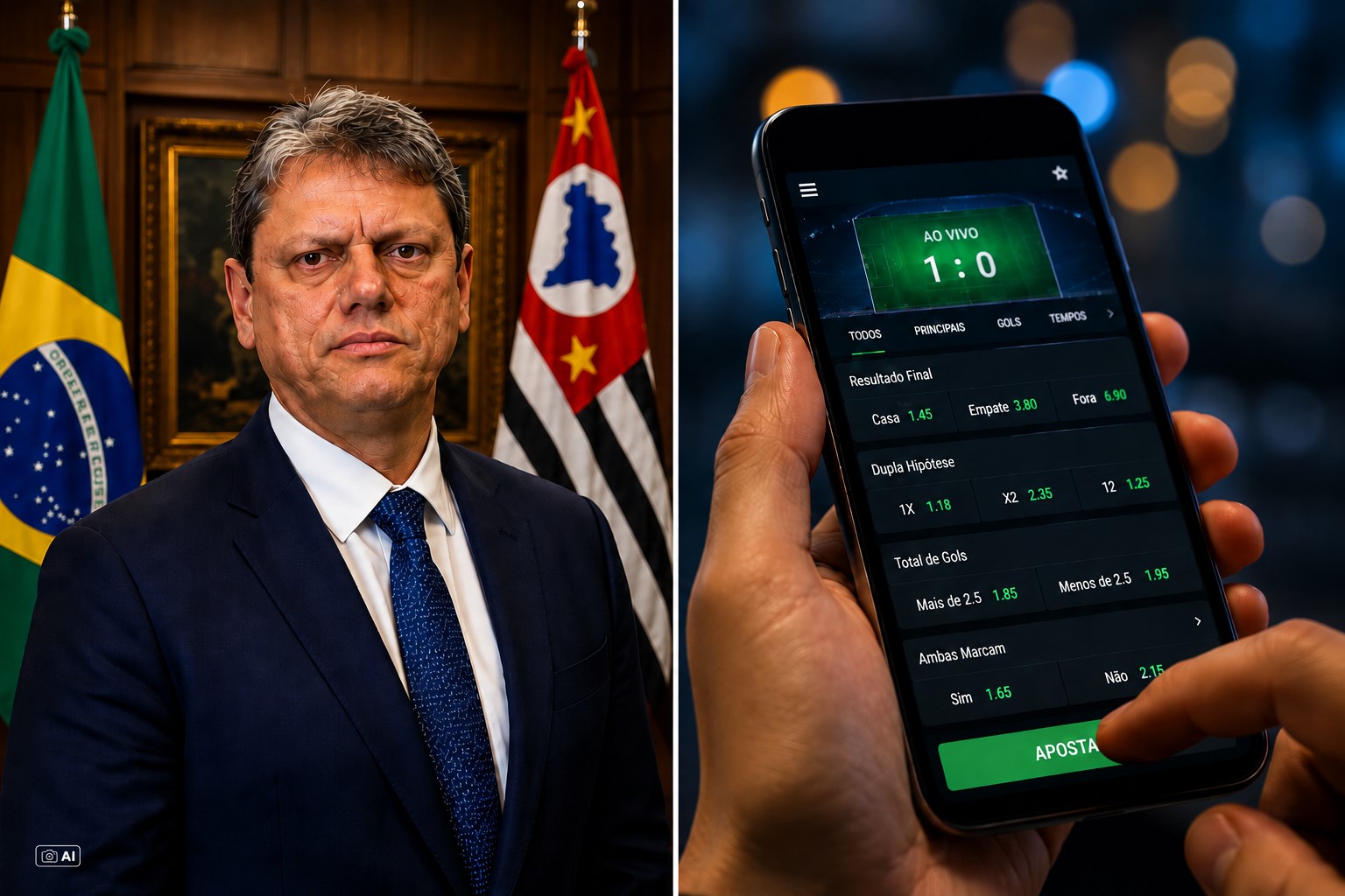 Montagem editorial fotorrealista gerada por IA mostra Tarcísio de Freitas à esquerda e, à direita, uma representação simbólica de uma pessoa utilizando um aplicativo de apostas esportivas.
