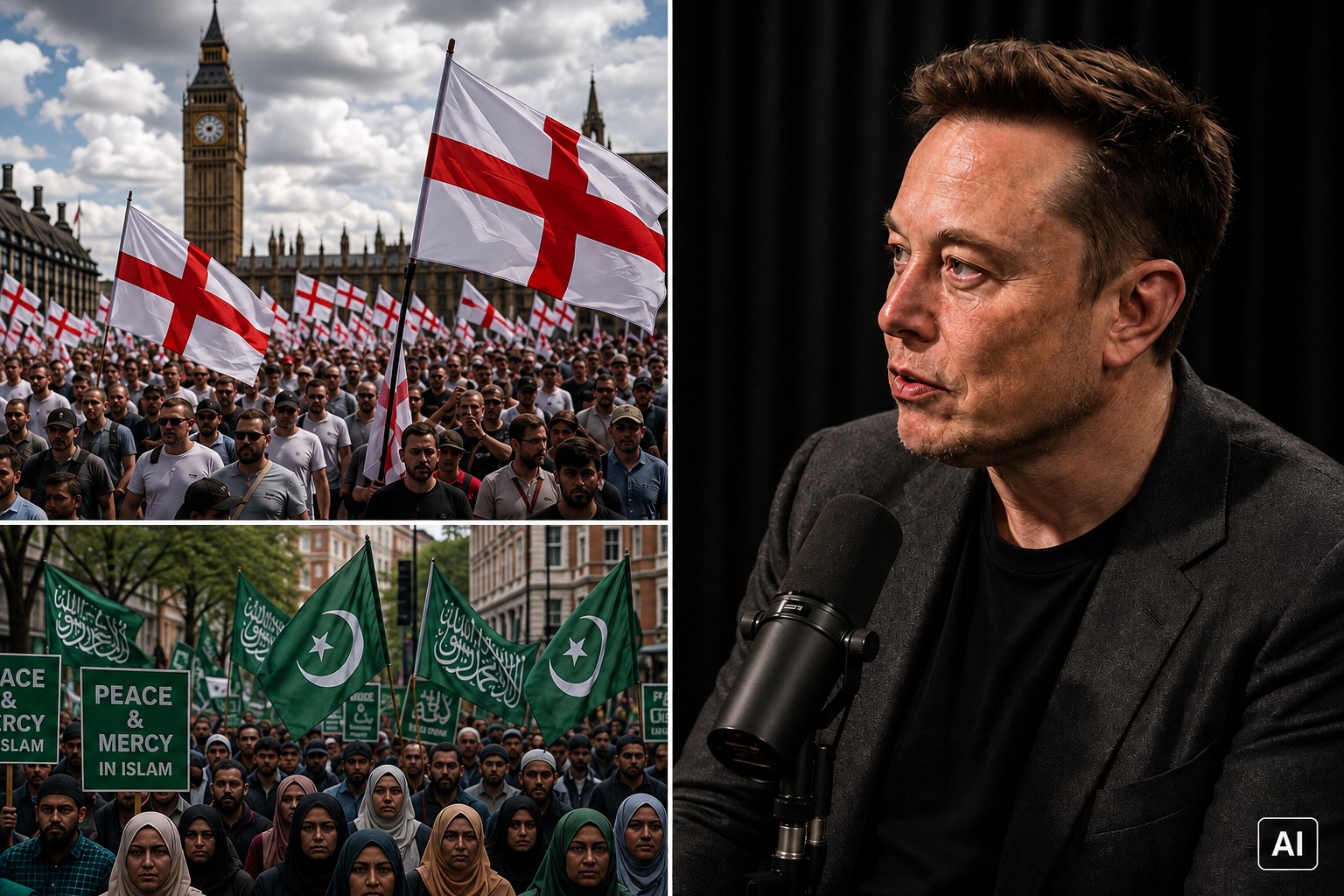Montagem fotográfica 100% gerada por IA mostra Elon Musk em ambiente de entrevista, à direita, e cenas ilustrativas de grupos britânicos e islamistas, à esquerda, para contextualizar declaração sobre risco de conflito civil na Inglaterra.