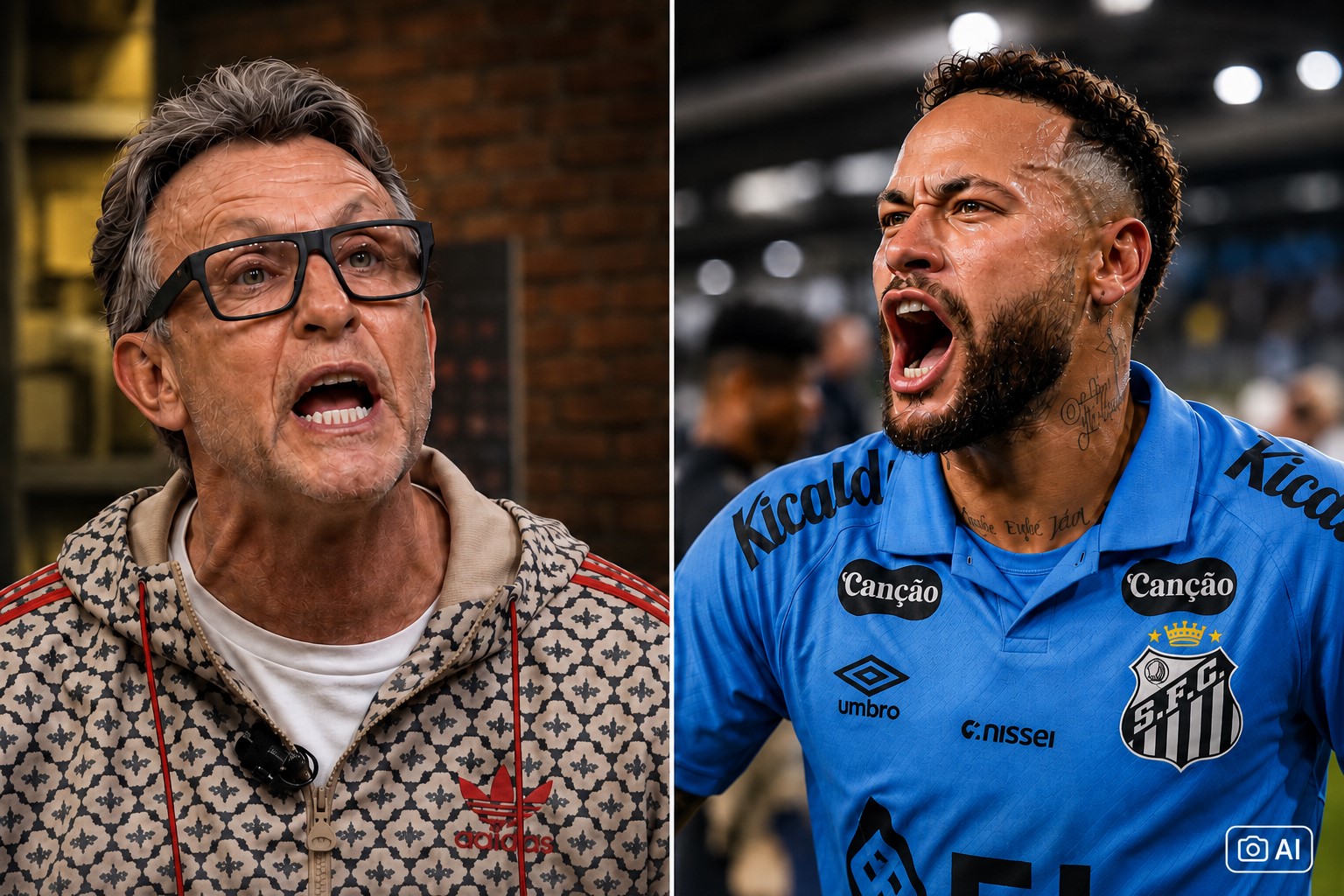 Montagem gerada por IA representa Craque Neto à esquerda e Neymar à direita.