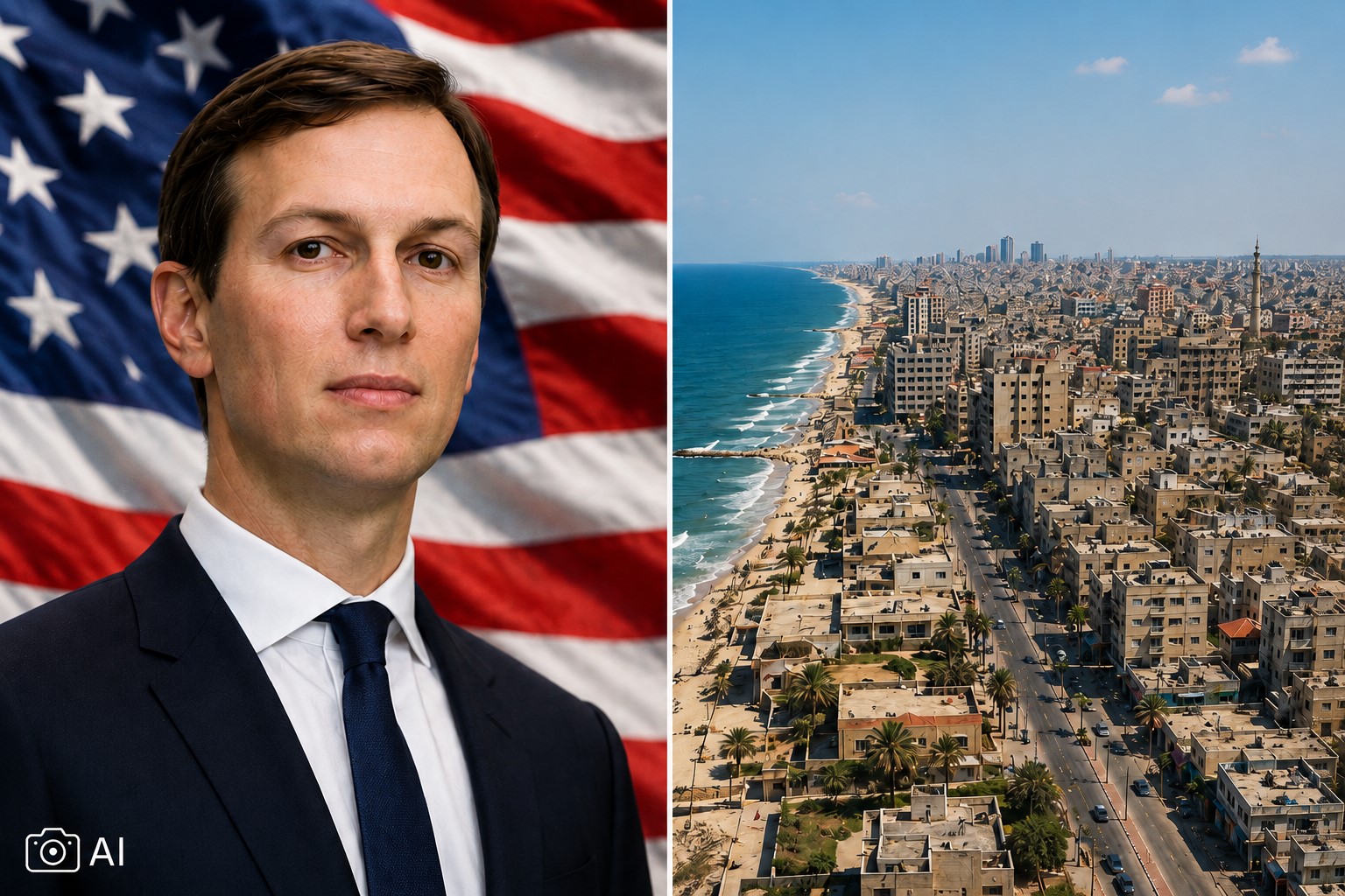 Montagem fotorrealista gerada por IA mostra Jared Kushner à esquerda, diante da bandeira dos Estados Unidos, e uma representação aérea da Faixa de Gaza à direita.