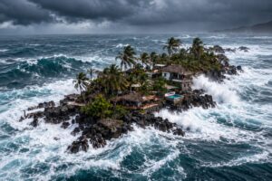 Imagem gerada por IA representa uma pequena ilha habitada na costa do México sob mar agitado, ilustrando a vulnerabilidade de áreas insulares à passagem do furacão Polo.