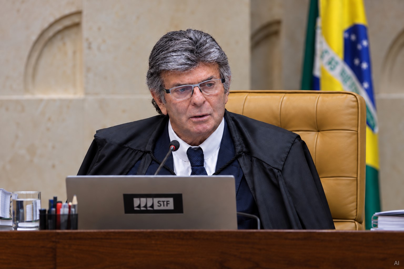 Representação gerada por IA de Luiz Fux em ambiente alusivo a sessão do STF, com toga, microfone e estrutura institucional ao fundo.