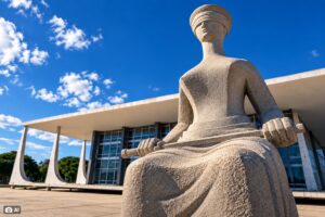 Imagem conceitual gerada por IA da estátua da Justiça em frente ao Supremo Tribunal Federal, em Brasília, usada para contextualizar pesquisa sobre a percepção dos entrevistados em relação às decisões de ministros do STF.